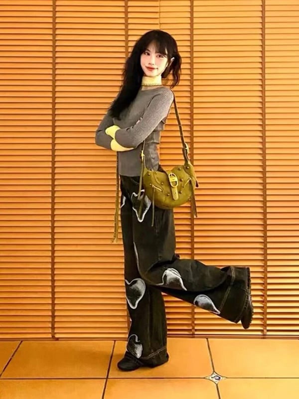 Nauji laisvalaikio džinsai Gyaru Moteris juodos plačios kelnės su širdimi Romantiškos aukšto juosmens medvilninės džinsinės kelnės Baggy Streetwear Gothic