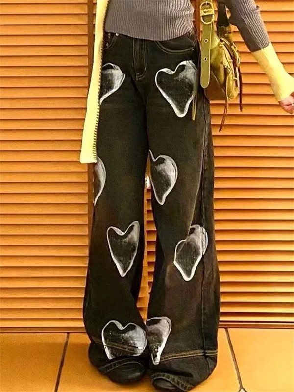 Nauji laisvalaikio džinsai Gyaru Moteris juodos plačios kelnės su širdimi Romantiškos aukšto juosmens medvilninės džinsinės kelnės Baggy Streetwear Gothic