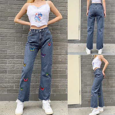 Y2k Street Jungfrau Style Blugi cu talie înaltă pentru femei, la modă, brodați fluture, pantaloni drepti din denim Pantalones De Mujer