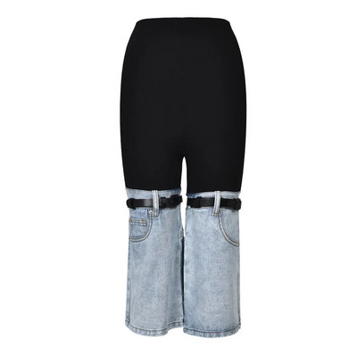 JAMERARY Moda Femei Jeans Pantaloni Vară Toamnă Talie Înaltă Patchwork Negru Albastru Curea Pantaloni Lungi Picior Lat Damă Casual