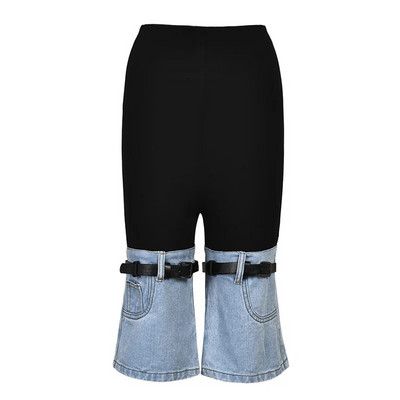 JAMERARY Moda Femei Jeans Pantaloni Vară Toamnă Talie Înaltă Patchwork Negru Albastru Curea Pantaloni Lungi Picior Lat Damă Casual