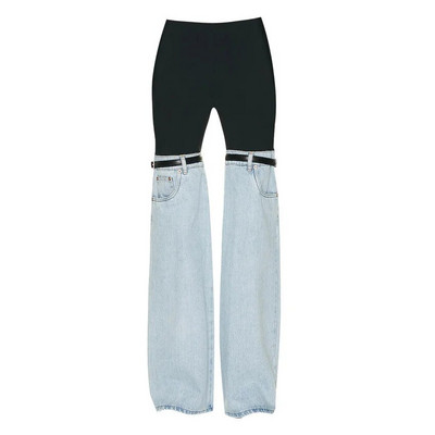 JAMERARY Moda Femei Jeans Pantaloni Vară Toamnă Talie Înaltă Patchwork Negru Albastru Curea Pantaloni Lungi Picior Lat Damă Casual