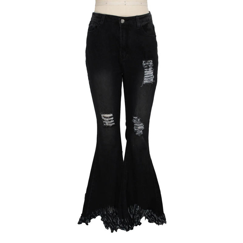 Τζιν παντελόνι Flare με τρύπες τσέπες Παντελόνι καμπάνα με βολάν Τζιν παντελόνι Γυναικείο φλογερό τζιν