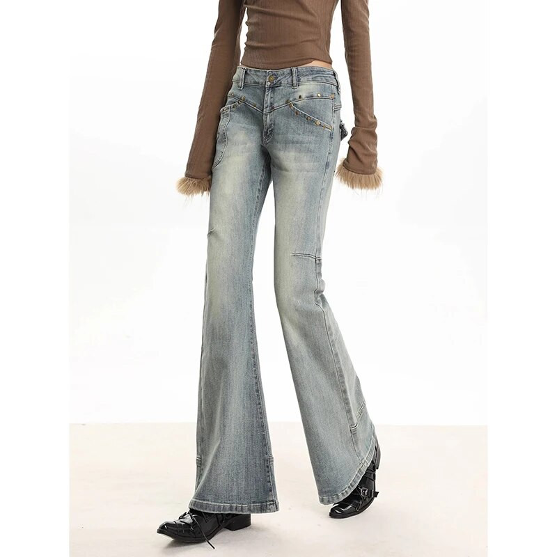WCFCX STUDIO τζιν για γυναίκες Ψηλόμεσο καθημερινό παντελόνι με φαρδύ πόδι Vintage streetwear μόδα Μονόχρωμο Chic Flare τζιν παντελόνι