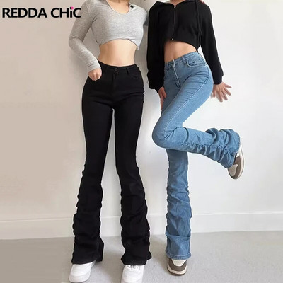 REDDACHiC Retro Y2k női halmozott flare farmerek Alkalmi sima, karcsú szabású nadrágok, magas derekú Rokku Grayu Y2k csengő alsók