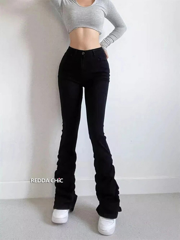 REDDACHiC Retro Y2k Moteriški sukrauti džinsai Laisvalaikio paprasti, ploni, ruched Bootcut kelnės aukštu juosmeniu Rokku Grayu Y2k Bell Bottoms