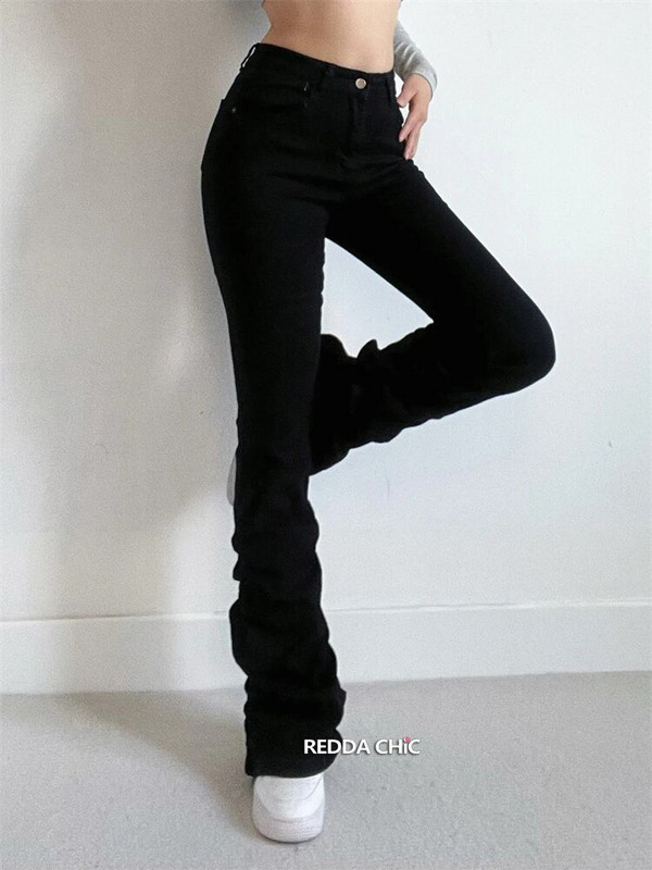 REDDACHiC Retro Y2k Moteriški sukrauti džinsai Laisvalaikio paprasti, ploni, ruched Bootcut kelnės aukštu juosmeniu Rokku Grayu Y2k Bell Bottoms