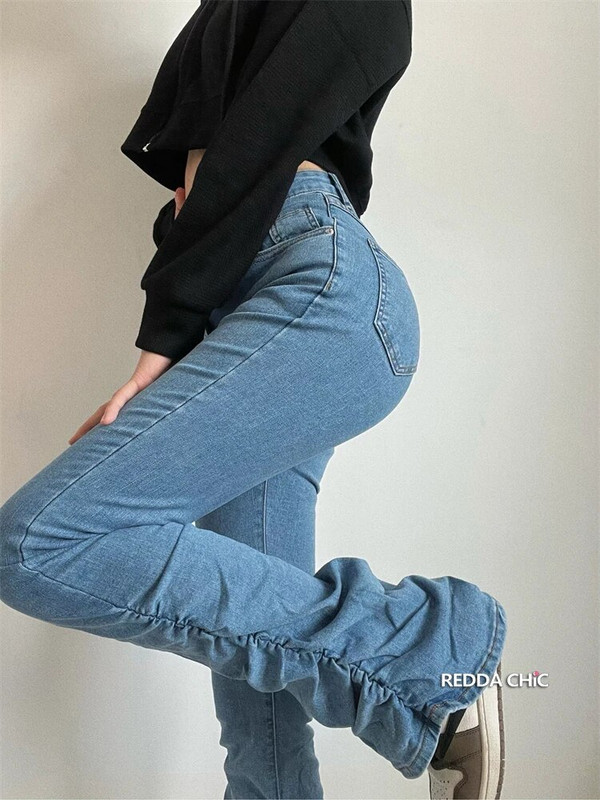 REDDACHiC Retro Y2k Moteriški sukrauti džinsai Laisvalaikio paprasti, ploni, ruched Bootcut kelnės aukštu juosmeniu Rokku Grayu Y2k Bell Bottoms