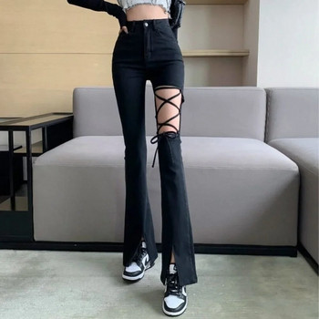Παντελόνι για Γυναικείο Ψηλόμεσο Shot Καμπάνα με σκισμένο παντελόνι Flare Slim Fit Skinny Flared Σκισμένο με τρύπες Μαύρο γυναικείο τζιν ZR