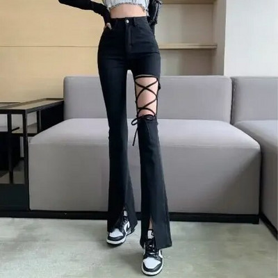 Pantaloni pentru femeie cu talie înaltă Shot Bell Bottom Pantaloni rupți Flare Slim Fit Skinny Evazați Rupți cu găuri Blugi negri de damă ZR