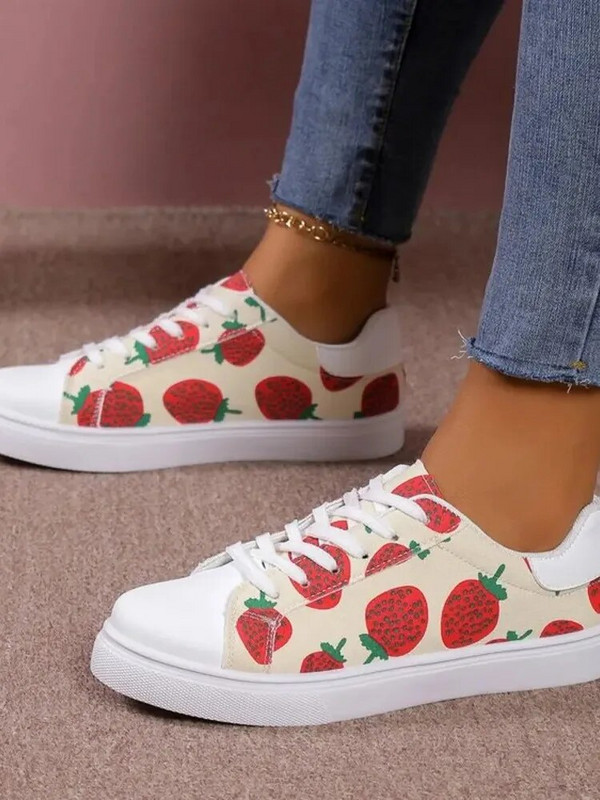 Platnene cipele Ženske cipele Veliko ravno dno Moda s grafitima Ležerne S okruglim glavama Male bijele cipele na vezanje 36-42