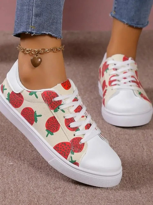 Platnene cipele Ženske cipele Veliko ravno dno Moda s grafitima Ležerne S okruglim glavama Male bijele cipele na vezanje 36-42