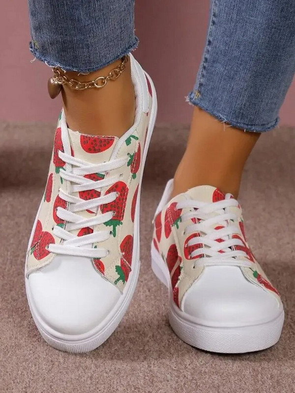 Platnene cipele Ženske cipele Veliko ravno dno Moda s grafitima Ležerne S okruglim glavama Male bijele cipele na vezanje 36-42