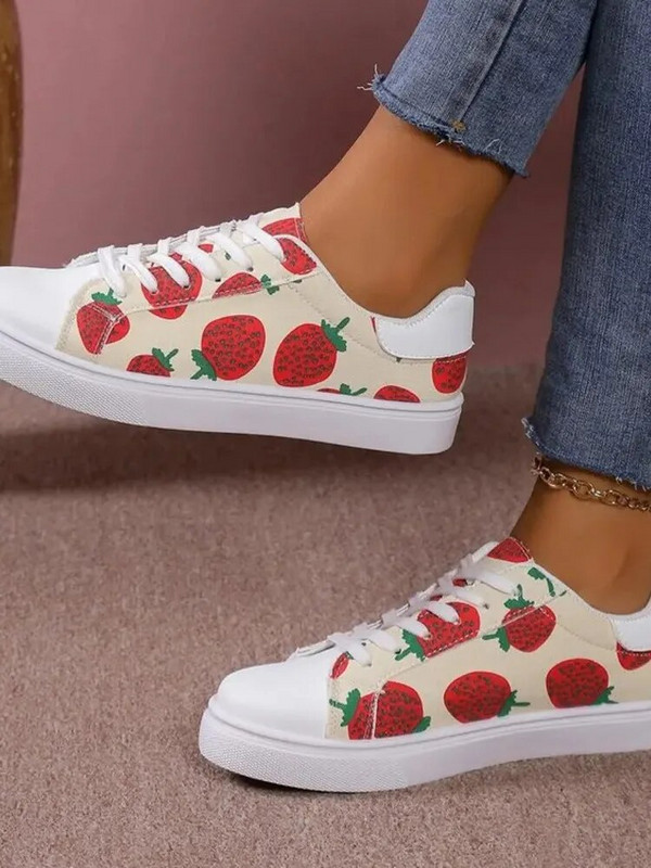 Platnene cipele Ženske cipele Veliko ravno dno Moda s grafitima Ležerne S okruglim glavama Male bijele cipele na vezanje 36-42