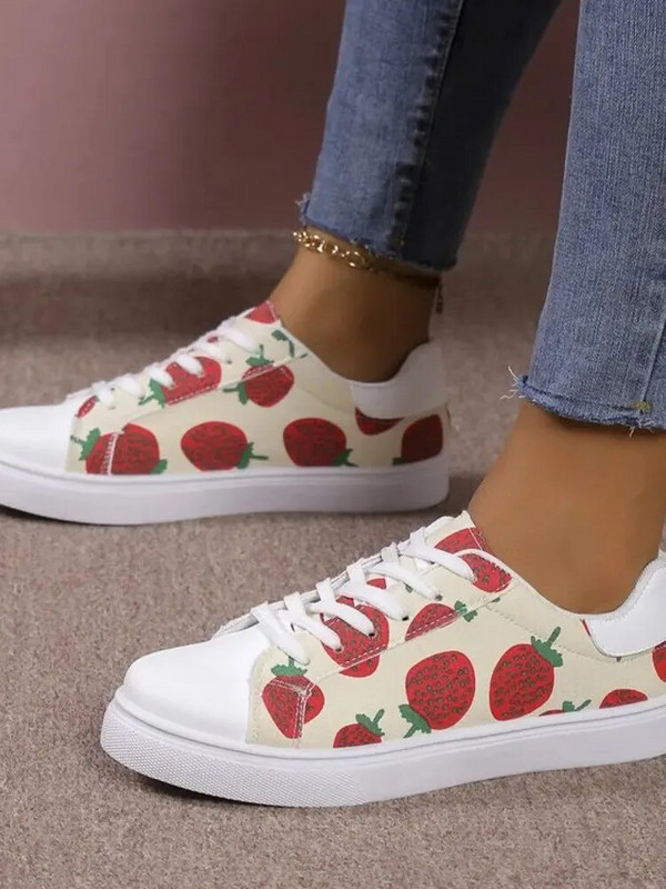 Platnene cipele Ženske cipele Veliko ravno dno Moda s grafitima Ležerne S okruglim glavama Male bijele cipele na vezanje 36-42