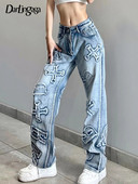 Darlingaga Streetwear Grunge Letter Peticii Blugi Femei Distressed Drepți Casual Design Y2K Pantaloni Denim Stilul Coreean Partea Inferioară