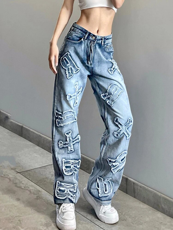 Darlingaga Streetwear Grunge raidėmis lopyti sunerimę moteriški džinsai tiesūs laisvalaikio Y2K dizaino džinsinės kelnės korėjietiško stiliaus apačia