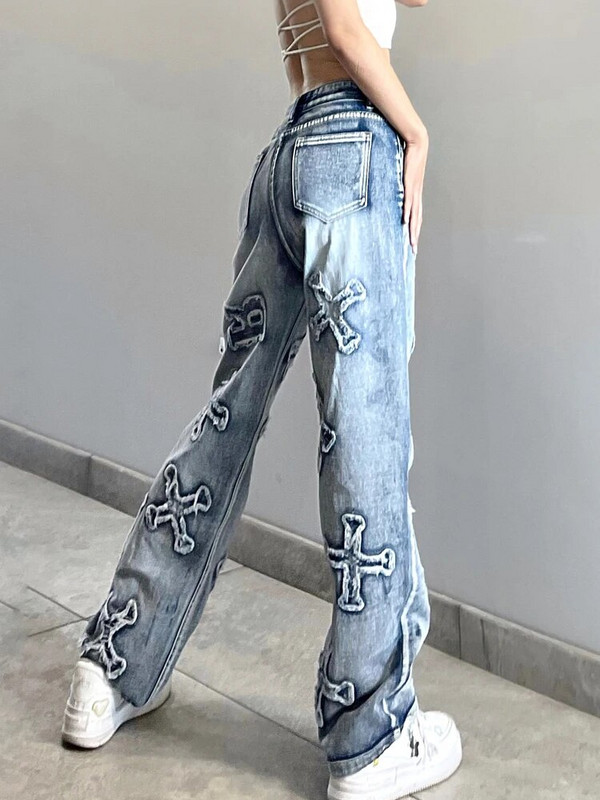 Darlingaga Streetwear Grunge raidėmis lopyti sunerimę moteriški džinsai tiesūs laisvalaikio Y2K dizaino džinsinės kelnės korėjietiško stiliaus apačia