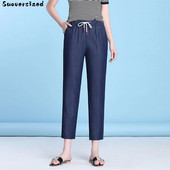Blugi largi de vară subțiri cu șireturi Pantaloni harem de denim cu talie înaltă pentru femei Vaqueros casual Capris de modă coreeană Pantaloni albaștri