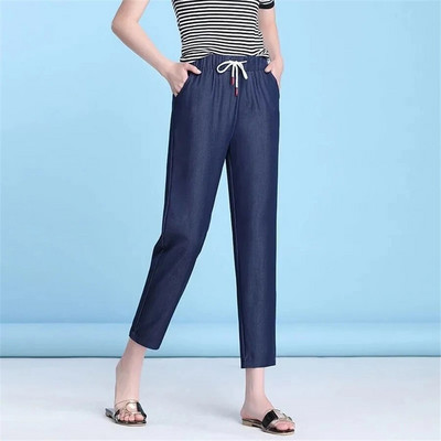 Blugi largi de vară subțiri cu șireturi Pantaloni harem de denim cu talie înaltă pentru femei Vaqueros casual Capris de modă coreeană Pantaloni albaștri