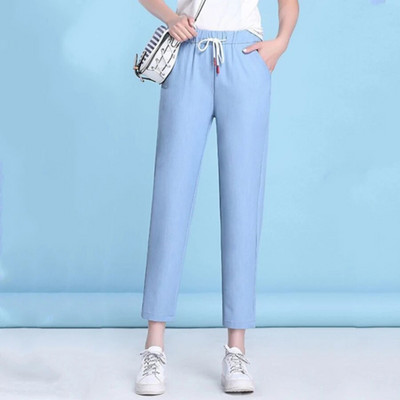 Blugi largi de vară subțiri cu șireturi Pantaloni harem de denim cu talie înaltă pentru femei Vaqueros casual Capris de modă coreeană Pantaloni albaștri