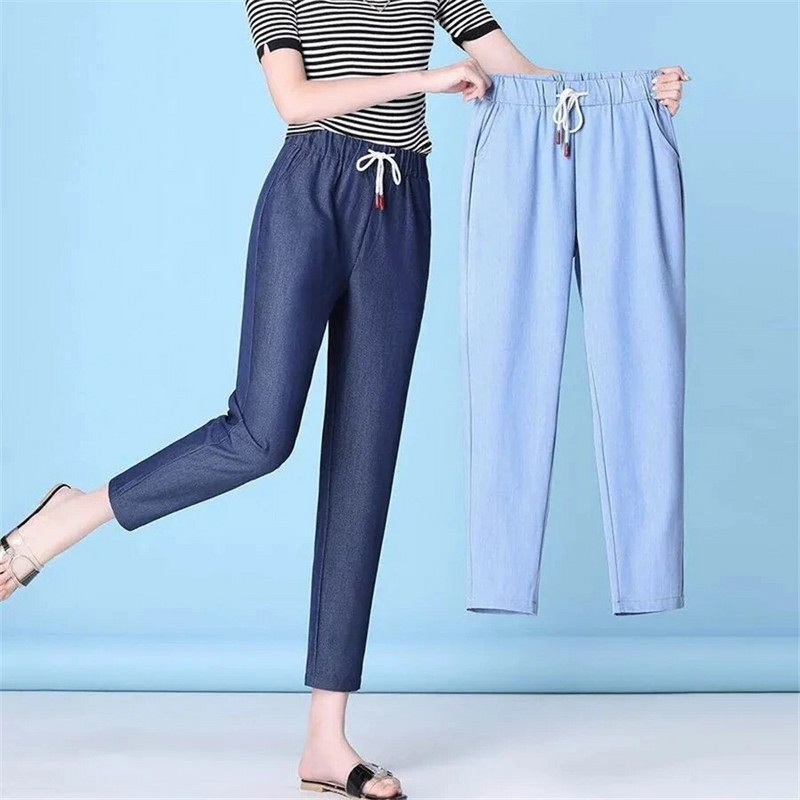Suvarstyti ploni vasariniai maišeliai džinsai aukštu juosmeniu Harem džinsinės kelnės Moteriškos Vaqueros Kasdienis Capris Korėjos mados Pantalones mėlynos kelnės