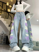 Blugi brodați cu inimă de fluture, albastru deschis, casual, pantaloni largi, largi, cu talie înaltă, pantaloni versatili, la modă, șic