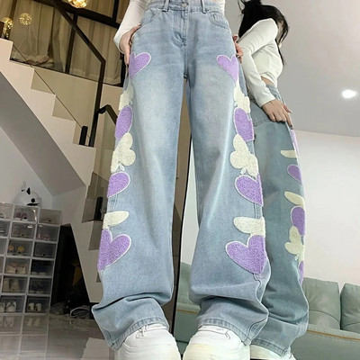 Blugi brodați cu inimă de fluture, albastru deschis, casual, pantaloni largi, largi, cu talie înaltă, pantaloni versatili, la modă, șic