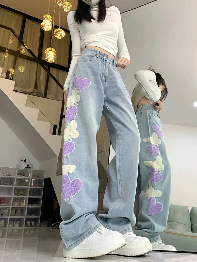 Κεντητό τζιν με καρδιά με πεταλούδα γαλάζιο casual φαρδύ παντελόνι φαρδύ ψηλόμεσο ευέλικτο παντελόνι, μοντέρνα κομψά παντελόνια