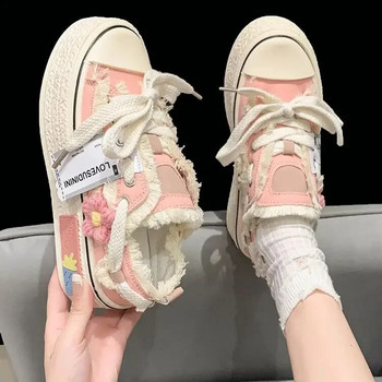 Маратонки Дамски платнени 2023 г. Нови дишащи прекрасни сладки обувки на платформа с цветя Обувки с връзки в японски стил за жени