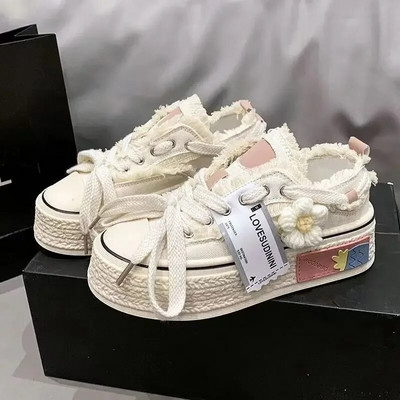 Moteriški sportbačiai „Canvas“, 2023 m., Nauji, kvėpuojantys, puikūs saldūs gėlių batai su platforma Japoniško stiliaus suvarstomi batai moterims