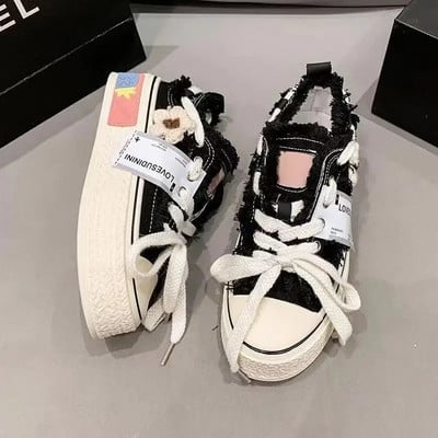 Moteriški sportbačiai „Canvas“, 2023 m., Nauji, kvėpuojantys, puikūs saldūs gėlių batai su platforma Japoniško stiliaus suvarstomi batai moterims