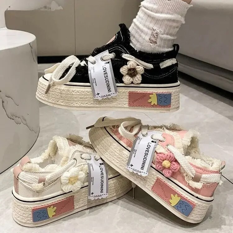 Moteriški sportbačiai „Canvas“, 2023 m., Nauji, kvėpuojantys, puikūs saldūs gėlių batai su platforma Japoniško stiliaus suvarstomi batai moterims