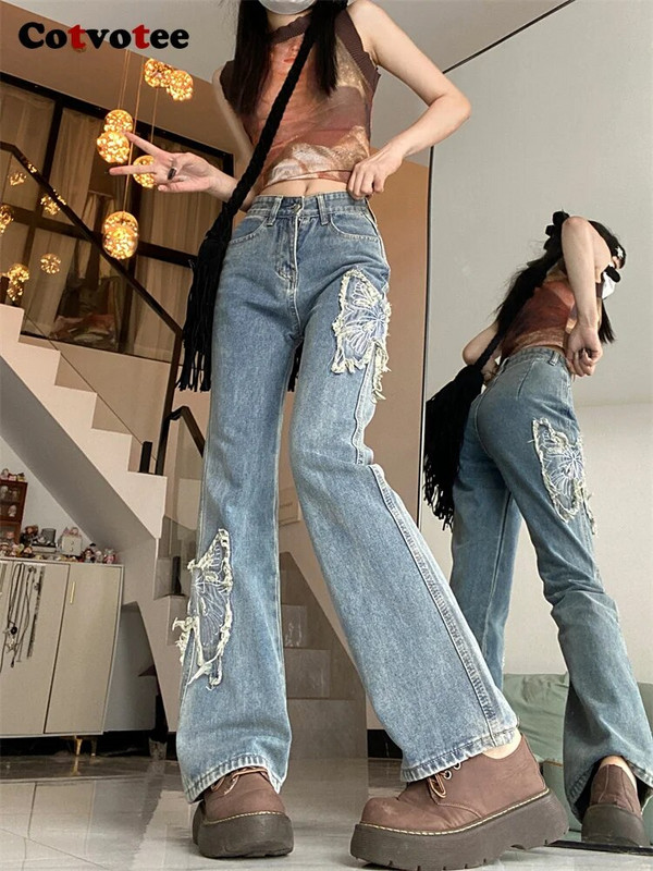 Cotvotee vintage teksad naistele 2023, sügistalv, uus mood, kõrge vöökohaga vabaaja teksapüksid, laigulised sirged püksid