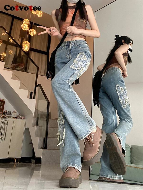 Cotvotee vintage teksad naistele 2023, sügistalv, uus mood, kõrge vöökohaga vabaaja teksapüksid, laigulised sirged püksid