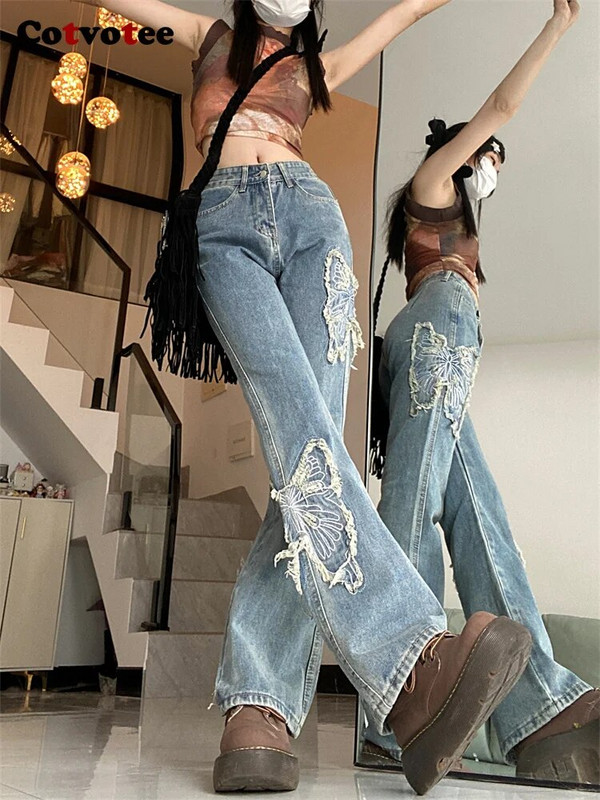 Cotvotee vintage teksad naistele 2023, sügistalv, uus mood, kõrge vöökohaga vabaaja teksapüksid, laigulised sirged püksid