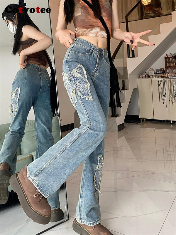 Cotvotee vintage teksad naistele 2023, sügistalv, uus mood, kõrge vöökohaga vabaaja teksapüksid, laigulised sirged püksid