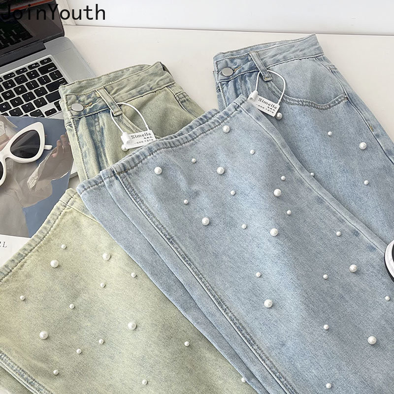 Harajuku hlače širokih nogavica za žene Beading Vintage Y2k Jeans Fashion Casual Pantalon Femme Streetwear Ravne slatke hlače
