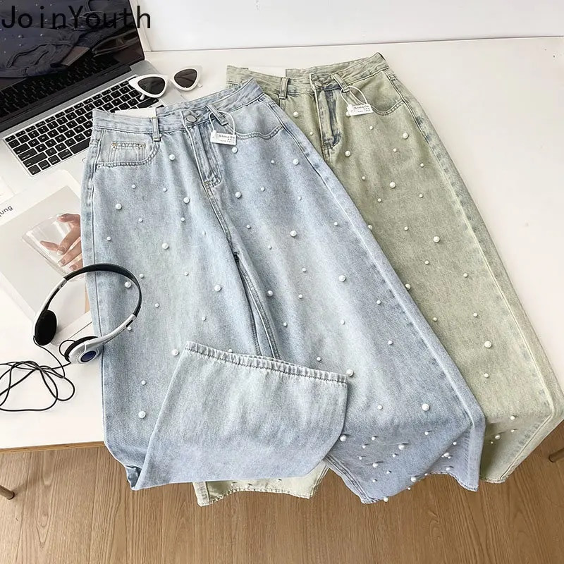 Harajuku hlače širokih nogavica za žene Beading Vintage Y2k Jeans Fashion Casual Pantalon Femme Streetwear Ravne slatke hlače