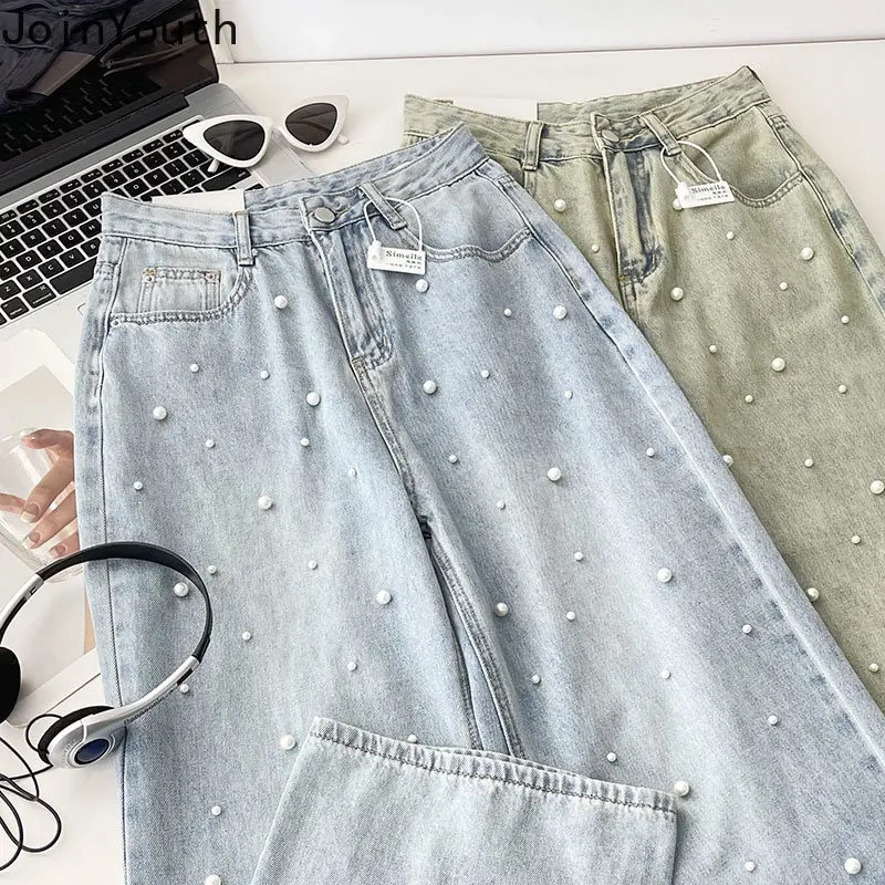 Harajuku hlače širokih nogavica za žene Beading Vintage Y2k Jeans Fashion Casual Pantalon Femme Streetwear Ravne slatke hlače