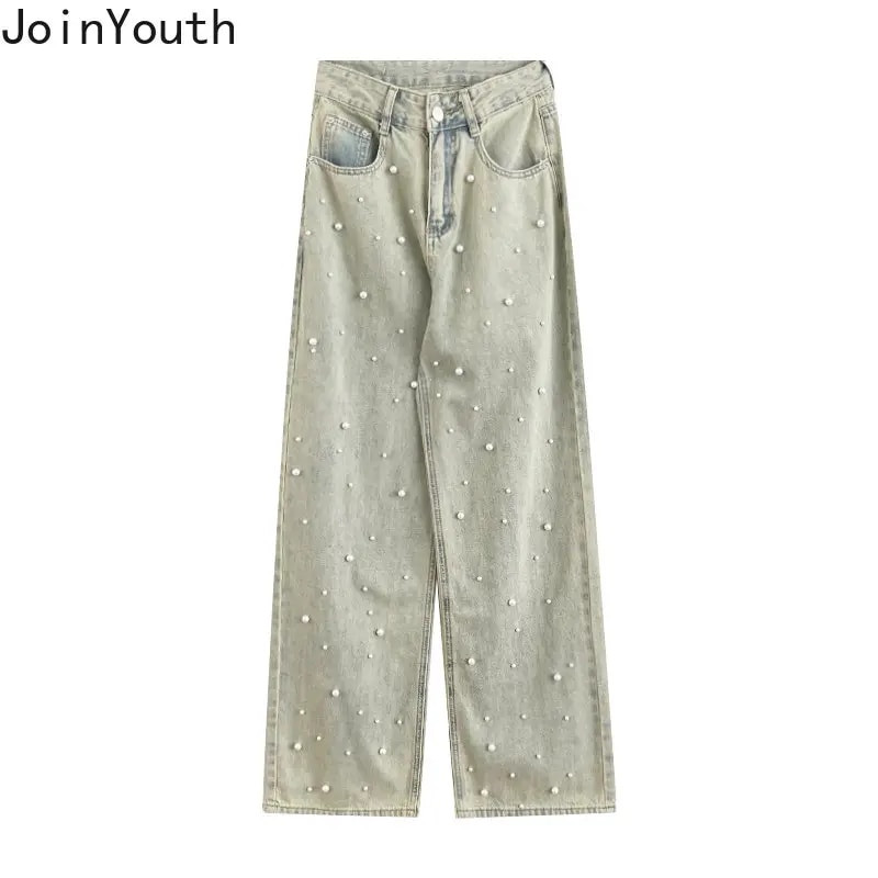Harajuku hlače širokih nogavica za žene Beading Vintage Y2k Jeans Fashion Casual Pantalon Femme Streetwear Ravne slatke hlače