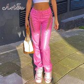 ArtSu hlače od PU kože na vezanje Y2K odjeća Streetwear Bandage Duge hlače Joggers Ženske ružičaste ravne hlače visokog struka Donji dio