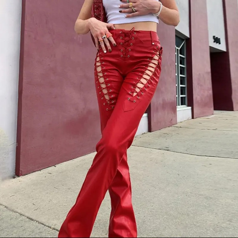 ArtSu hlače od PU kože na vezanje Y2K odjeća Streetwear Bandage Duge hlače Joggers Ženske ružičaste ravne hlače visokog struka Donji dio