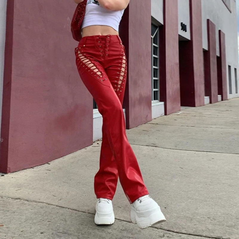 ArtSu hlače od PU kože na vezanje Y2K odjeća Streetwear Bandage Duge hlače Joggers Ženske ružičaste ravne hlače visokog struka Donji dio