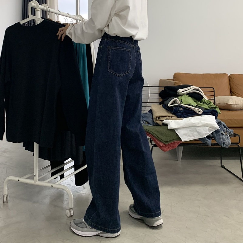 Ženske traperice širokih nogavica Isprani traper visokog struka pune dužine Do Old Retro Basic Jednobojni Ulzzang stil Proljetni dnevni šik