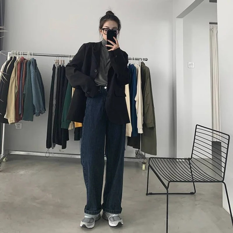 Ženske traperice širokih nogavica Isprani traper visokog struka pune dužine Do Old Retro Basic Jednobojni Ulzzang stil Proljetni dnevni šik