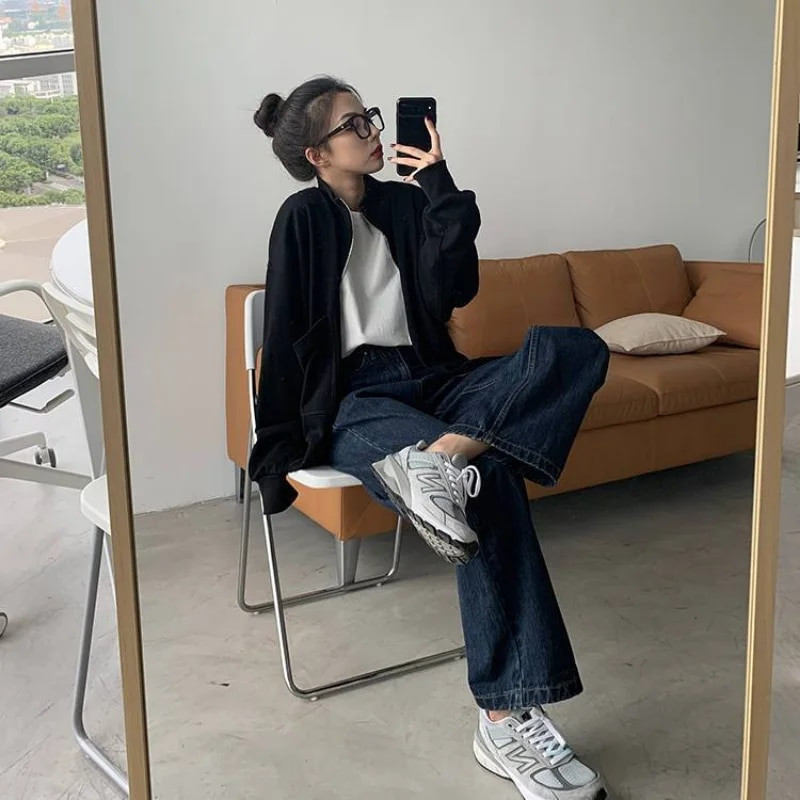 Ženske traperice širokih nogavica Isprani traper visokog struka pune dužine Do Old Retro Basic Jednobojni Ulzzang stil Proljetni dnevni šik