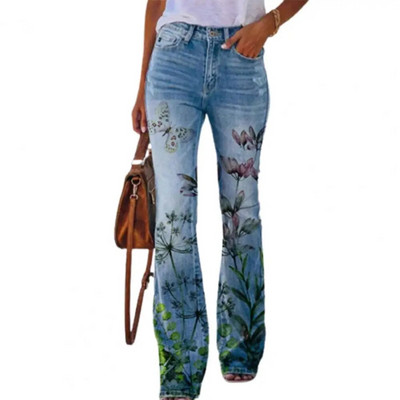 Kõrge vöökoha nööbiga tõmblukuga kärbsetaskud Sirge sääre imitatsiooniga teksad Õitsva lillemustriga pikad vabaaja püksid