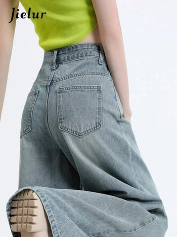 Jielur Washed Vintage Slim Loose Women Jeans Едноцветни Висока талия Прости джобове с цип Базови офис дамски есенни женски панталони
