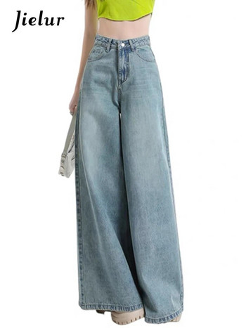 Jielur Washed Vintage Slim Loose Women Jeans Едноцветни Висока талия Прости джобове с цип Базови офис дамски есенни женски панталони